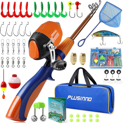 Kids Fishing Pole,Portable Telescopic Fishing Rod and Reel Full Kits, Spincast Youth Fishing Pole Fishing Gear for Kids, Boys
