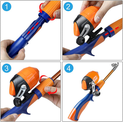 Kids Fishing Pole,Portable Telescopic Fishing Rod and Reel Full Kits, Spincast Youth Fishing Pole Fishing Gear for Kids, Boys